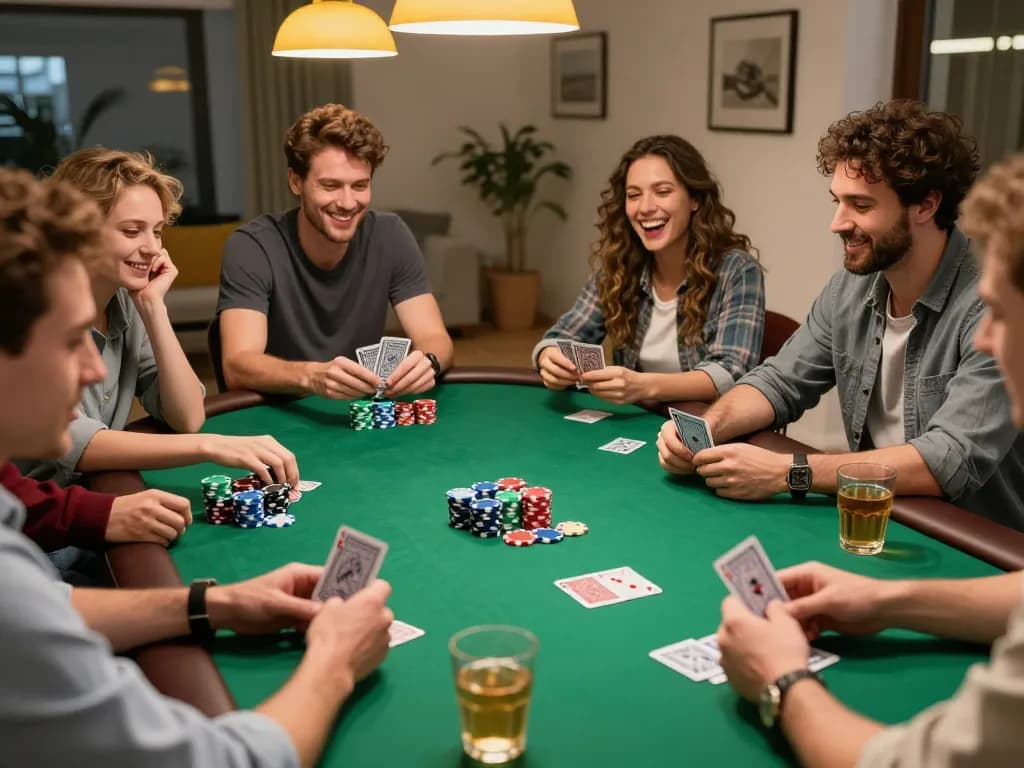 Players enjoying a friendly poker night at home showcasing vk88 strategies and social engagement.