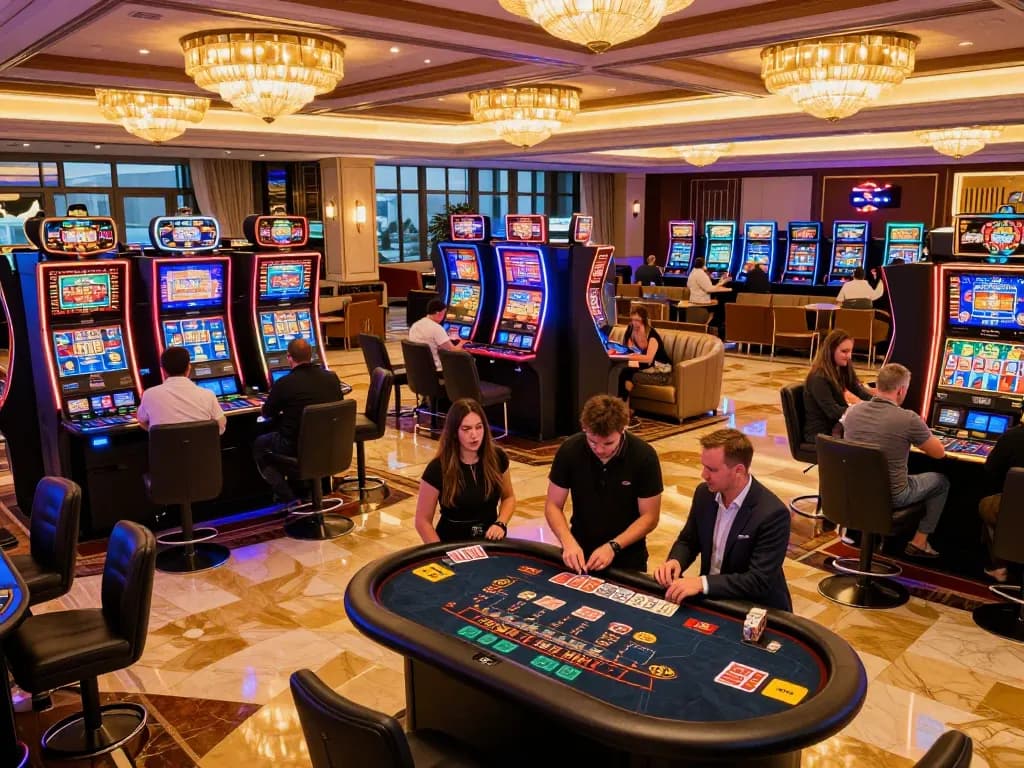 KONG88 players enjoying a vibrant casino atmosphere, immersed in slot machines and blackjack action.