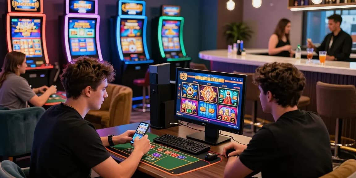 Exciting players discovering new online casinos UK in a lively gaming lounge.