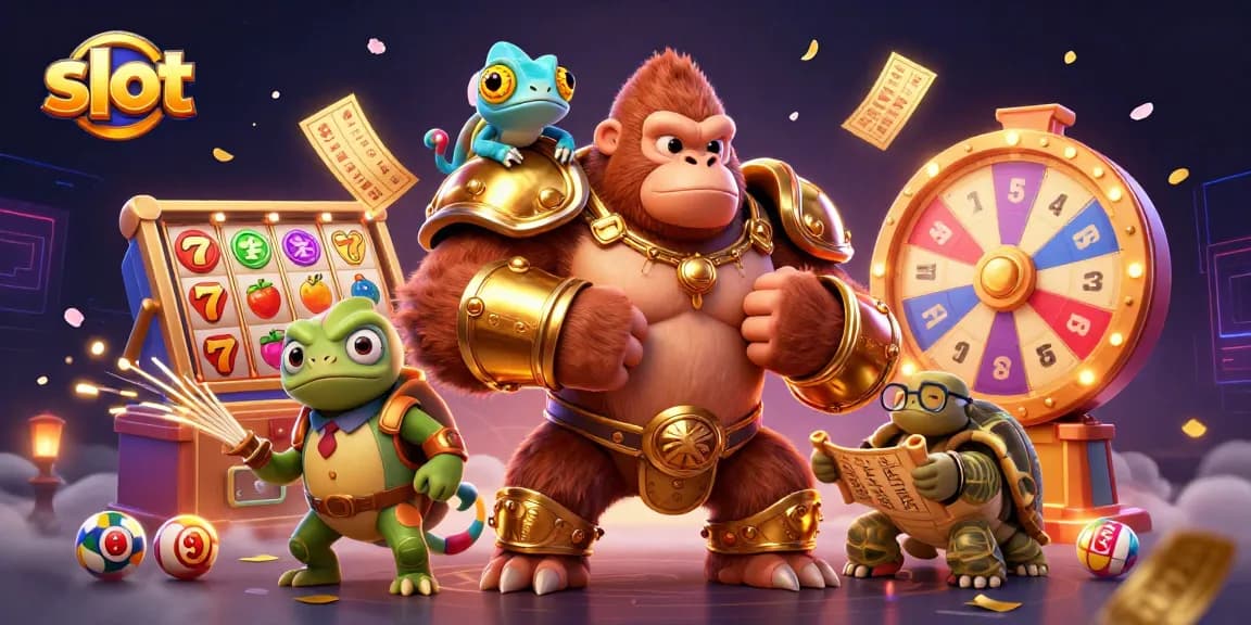 Pemain slot merasakan keseruan dengan gorila raja, chameleon, dan kura-kura cerdas di sekitar simbol permainan yang menakjubkan