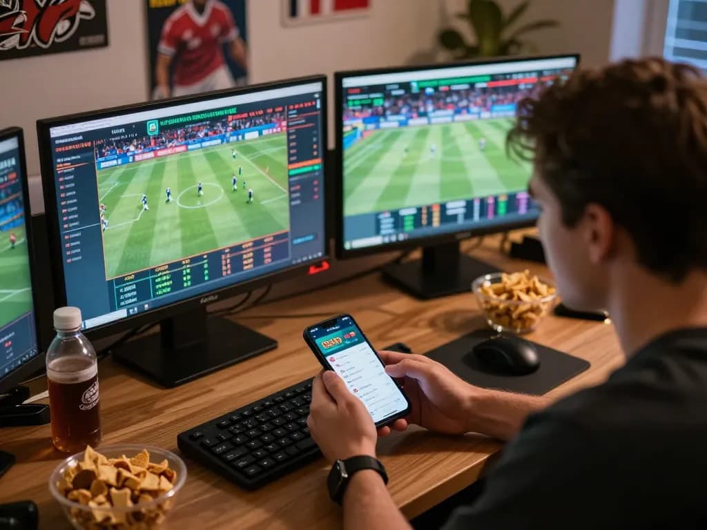 Engaging sports betting on NK88 from a modern desk setup, displaying live odds and betting app.