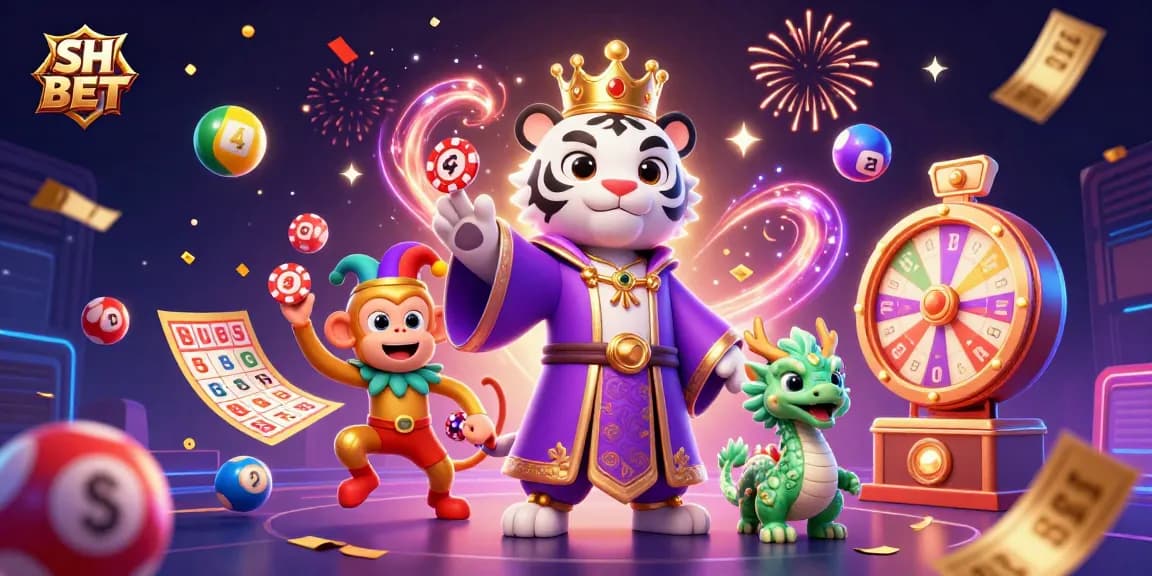 Win big with SH BET in an exhilarating 3D casino scene featuring a joyful tiger and monkey.