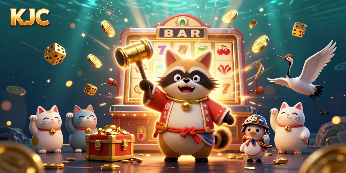 KJC celebrates gaming with a tanuki and crane in a vibrant festive scene filled with casino elements.