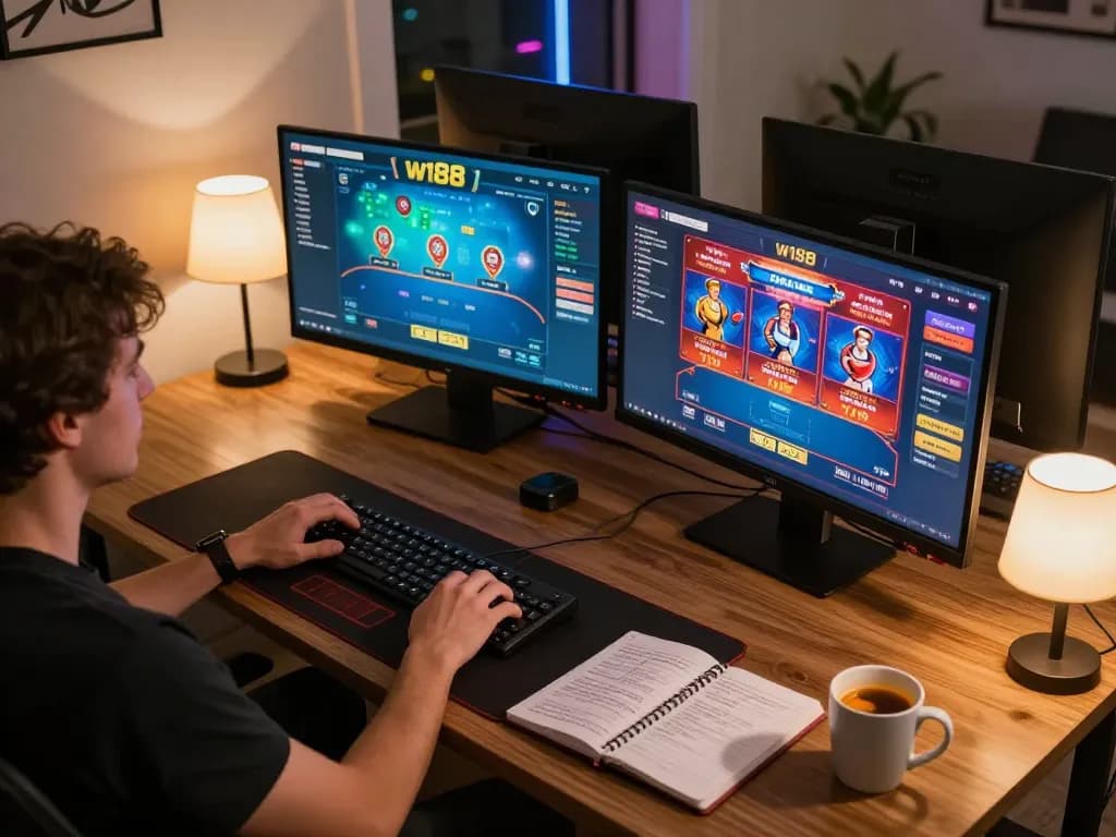 w188 online gaming setup featuring a person engaged in poker strategy while enjoying colorful game displays