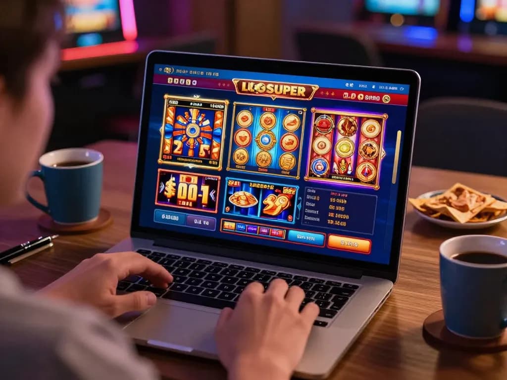Online gaming session on LGOSUPER with exciting slot machine graphics and a user engaged in gameplay.