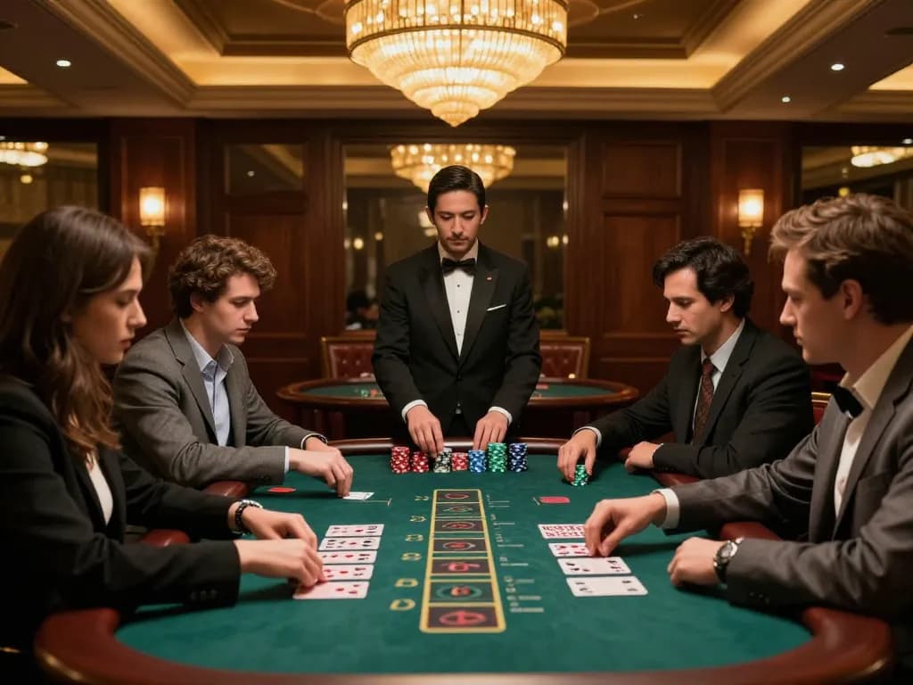 Players at nhà cái mb66 blackjack table placing bets under sparkling chandeliers in elegant casino.