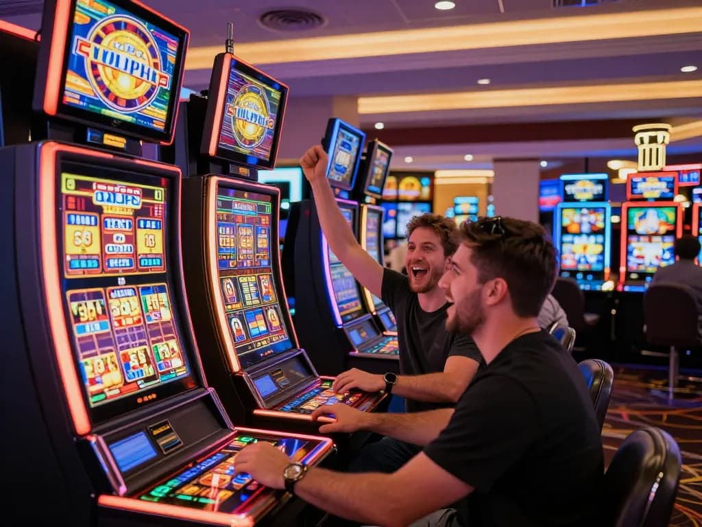 Players celebrating wins at slot machines in a lively g28tv casino atmosphere