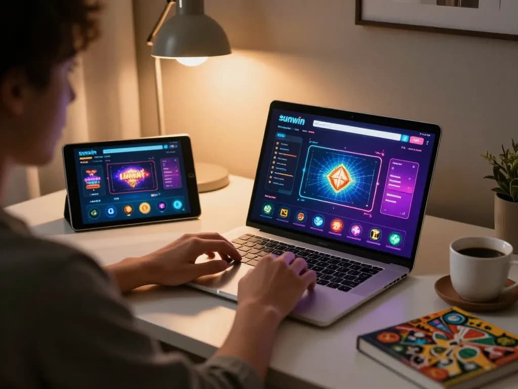 Sunwin online gaming setup showcasing player using laptop and tablet for casino games
