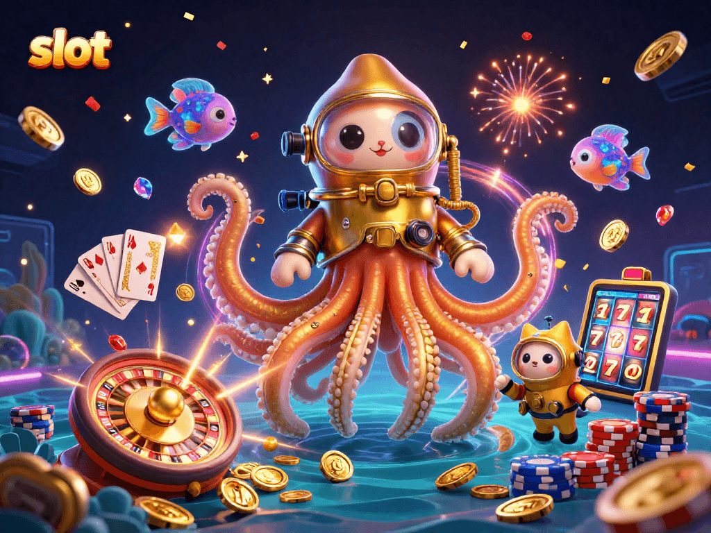 Enjoy thrilling slot adventures with a captivating kraken, diving cat, and rich casino elements.