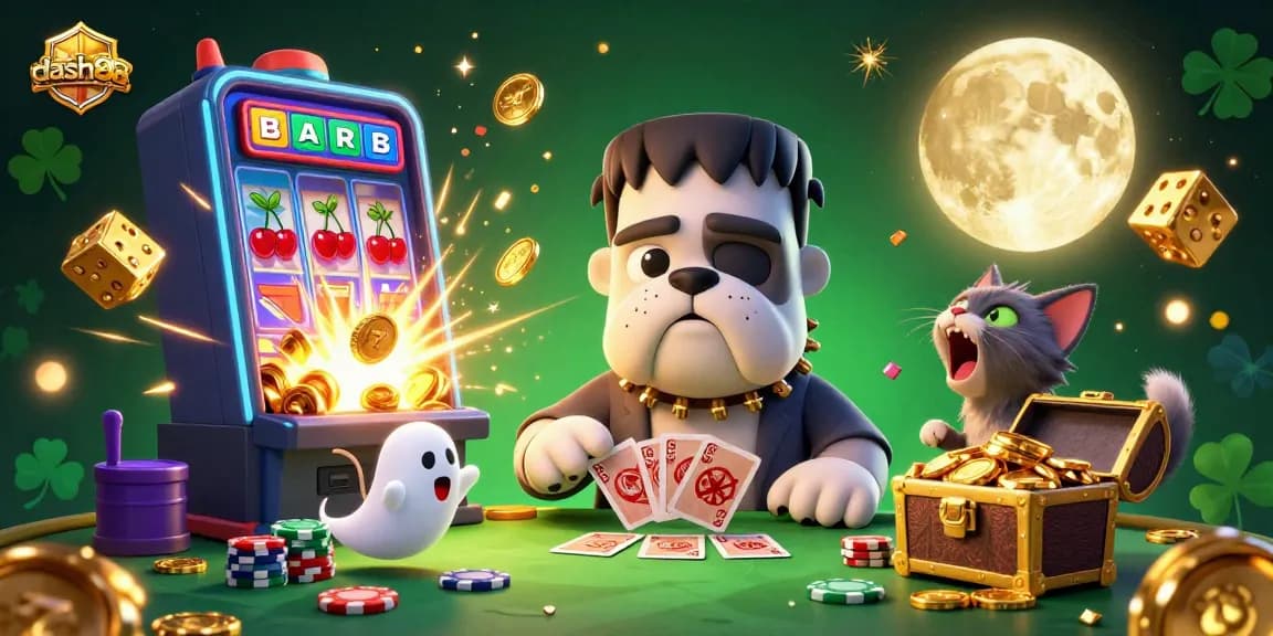 Join the action with dash88 at a thrilling card table featuring unique characters and vibrant casino elements.