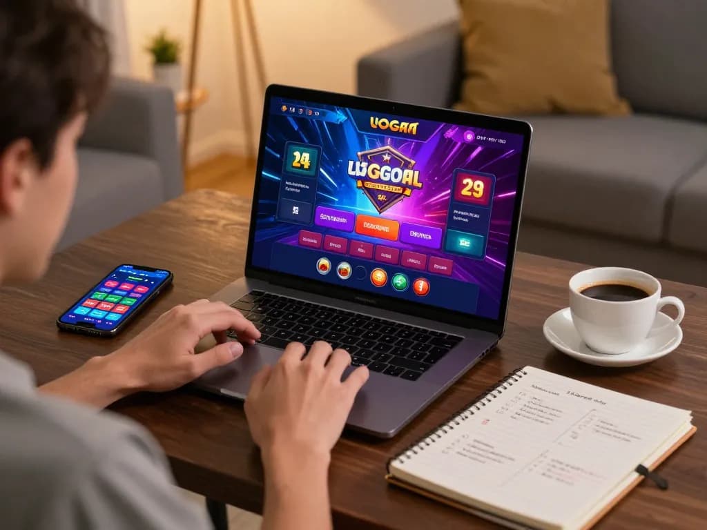 Engaging online gaming session on LGOGOAL casino platform with strategic notes and laptop.