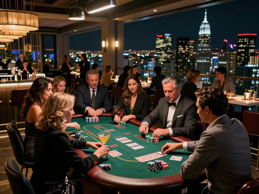 Players enjoying blackjack at mantra88 rooftop casino bar with city skyline views