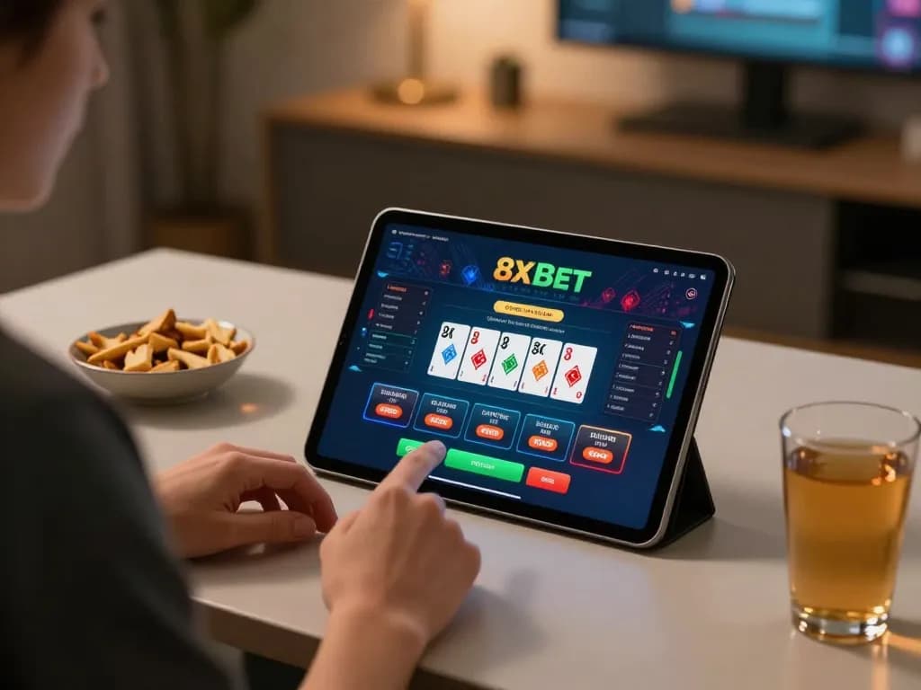 Player enjoying the 8xbet app in a cozy workspace, engaged in online gambling.