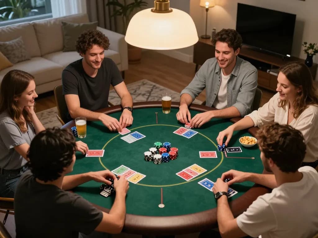 Engaged players enjoying Texas Hold'em poker at home in cozy atmosphere, rik 88 vibe.