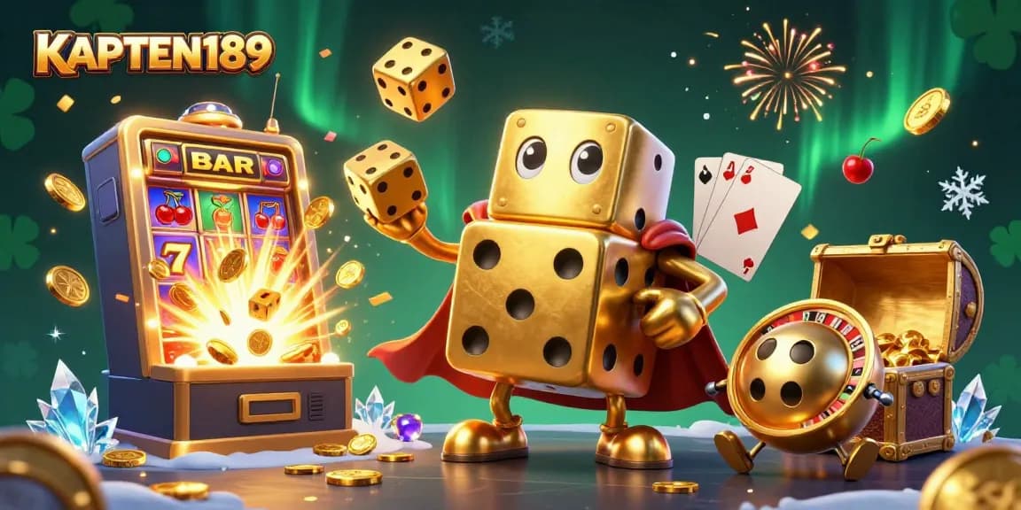 KAPTEN189 memukau dengan ilustrasi dadu emas dan mesin slot yang meledak dengan koin