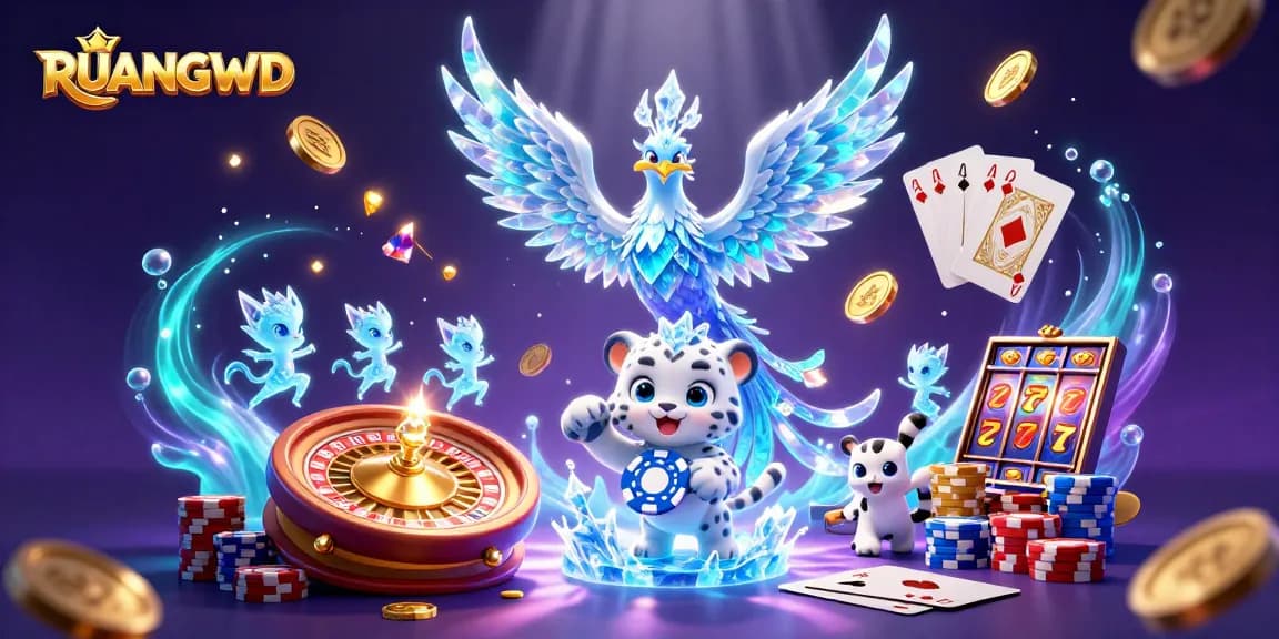 Engage with RUANGWD's enchanting casino scene featuring the playful ice phoenix and vibrant game elements.