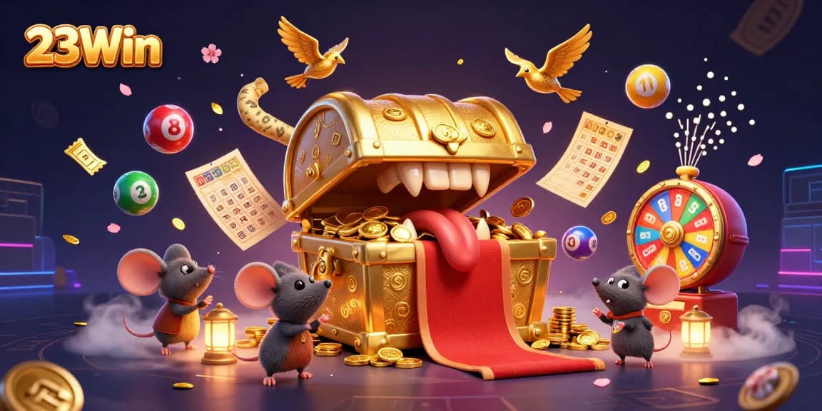 23Win showcases an exciting treasure chest enticing adventurer mice amidst a colorful, dynamic gambling scene.