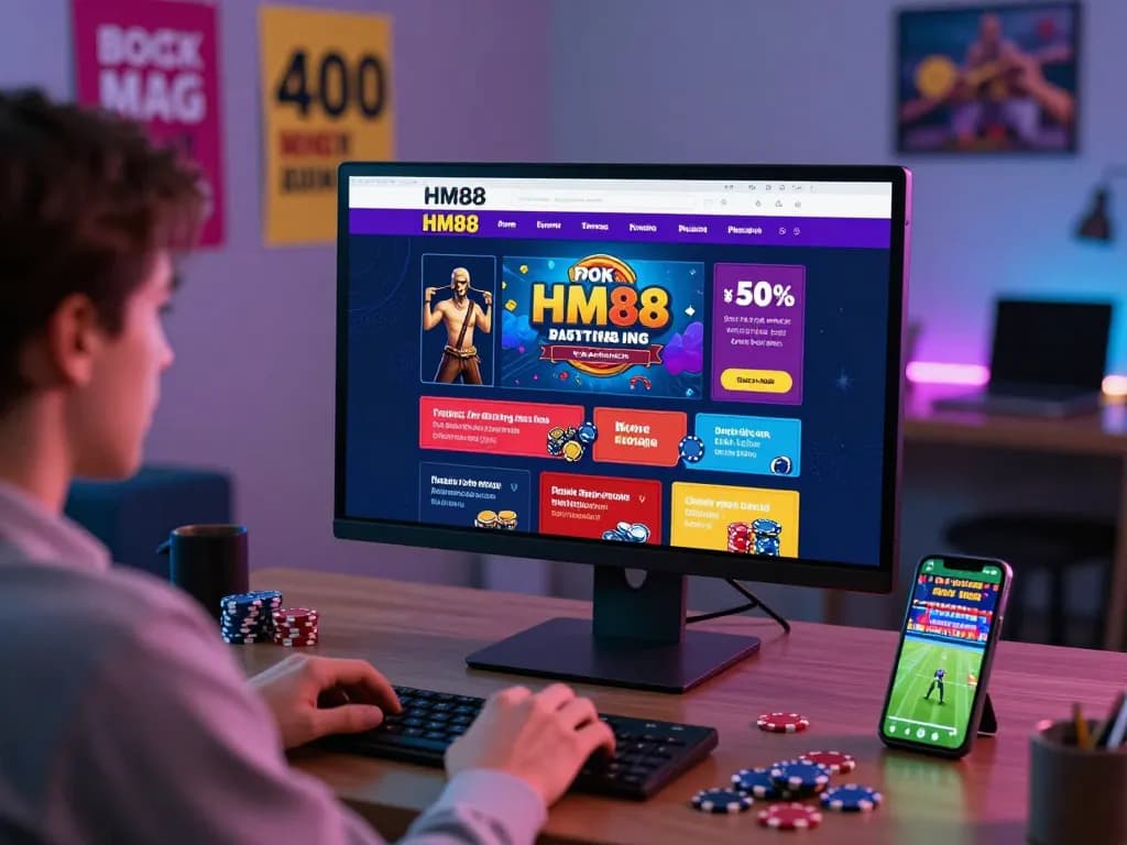 User engaging with the HM88 bet đăng nhập platform in a modern home office, showcasing online gambling excitement