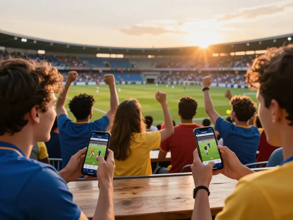 Football fans enjoying Cakhia TV app during live match, showcasing excitement and community engagement.