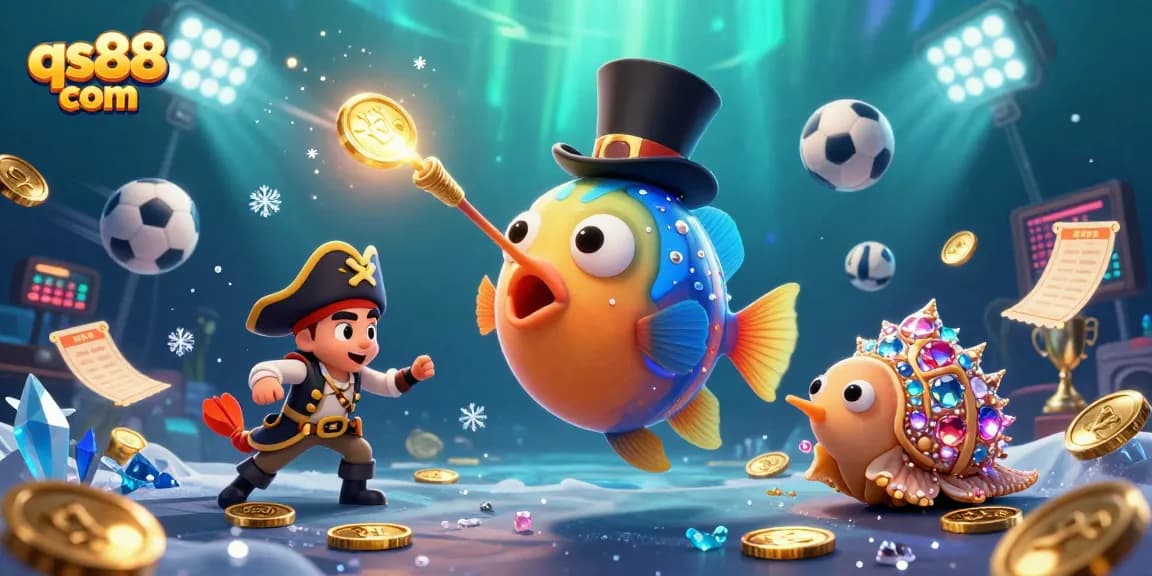 Engage with qs88 com's treasure hunt featuring a glowing anglerfish, pirate shrimp, and gemstone snail amidst casino excitement.