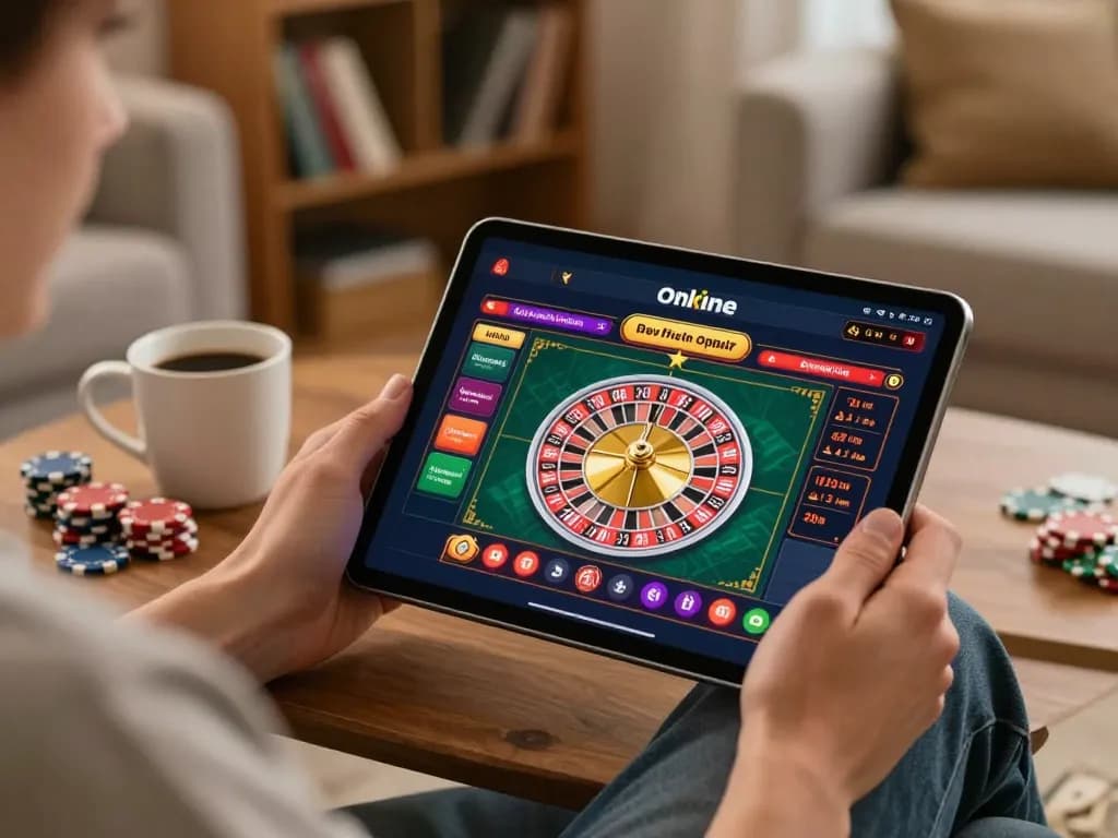 Engaging in an online casino experience while playing roulette on a tablet at home.
