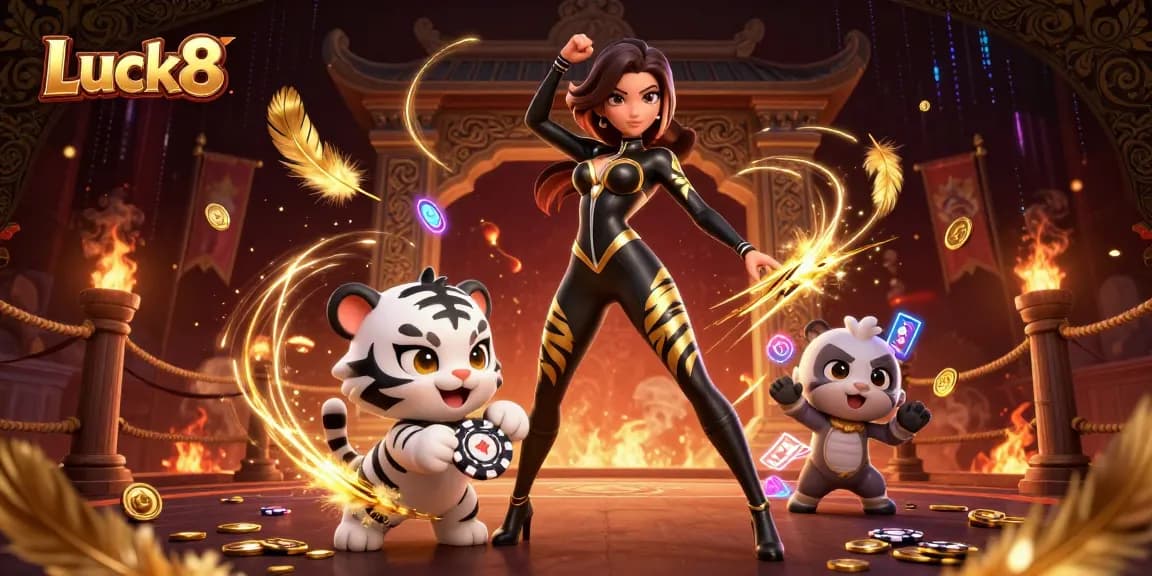 Engage with Luck8's dynamic atmosphere as a woman in a catsuit captures a golden poker chip with a playful tiger.