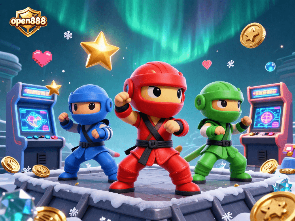 Experience open888's thrilling casino atmosphere with ninja chameleons battling around vibrant arcade elements.