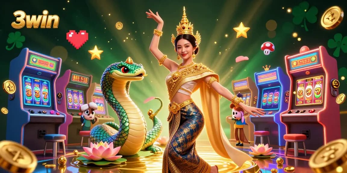 Engage with 3win in a vibrant casino scene featuring a graceful Thai dancer, Naga serpent, and dynamic game elements.
