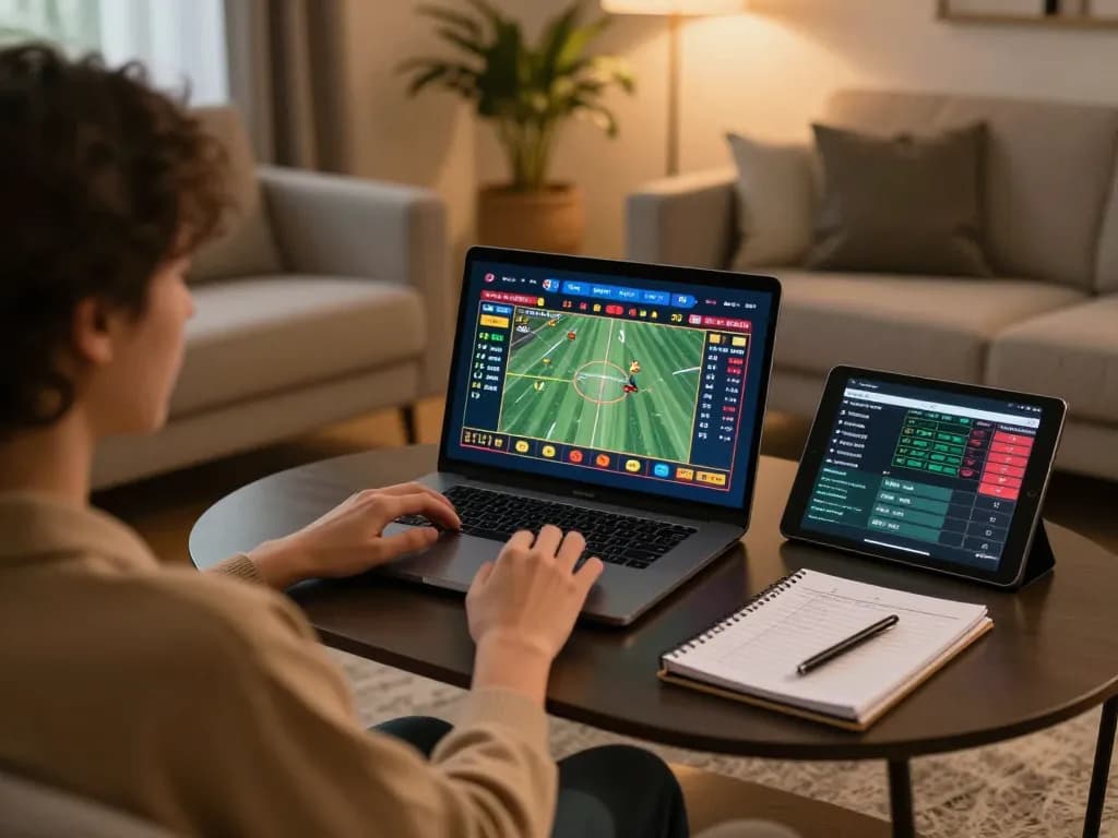 Engaging with nk88's online casino platform at home, showing live dealer gameplay and strategic notes