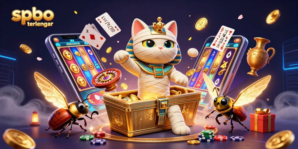 Engage with spbo terlengkap in a vibrant casino scene featuring an Egyptian mummy cat and ancient elements.
