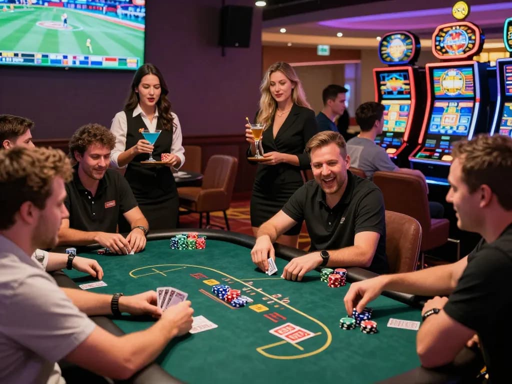 Players engaged in poker at RR99 casino with vibrant atmosphere and live game displays.
