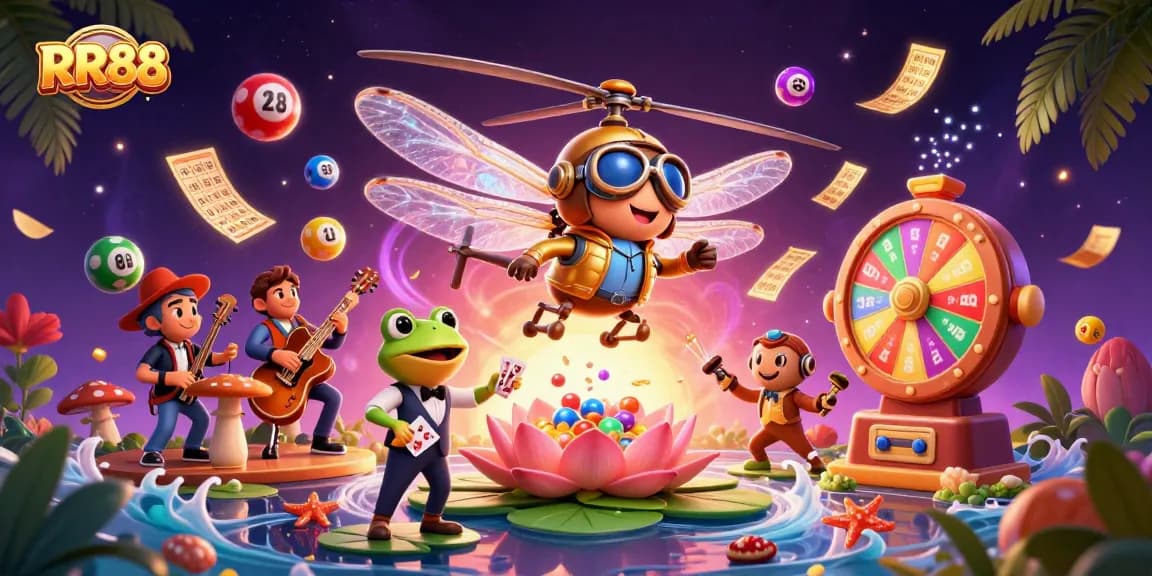 RR88 brings excitement with a frog croupier and jazz musicians at a vibrant casino scene.