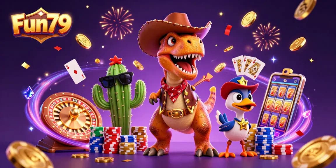 Experience thrilling wins at Fun79 with colorful casino elements and charming characters