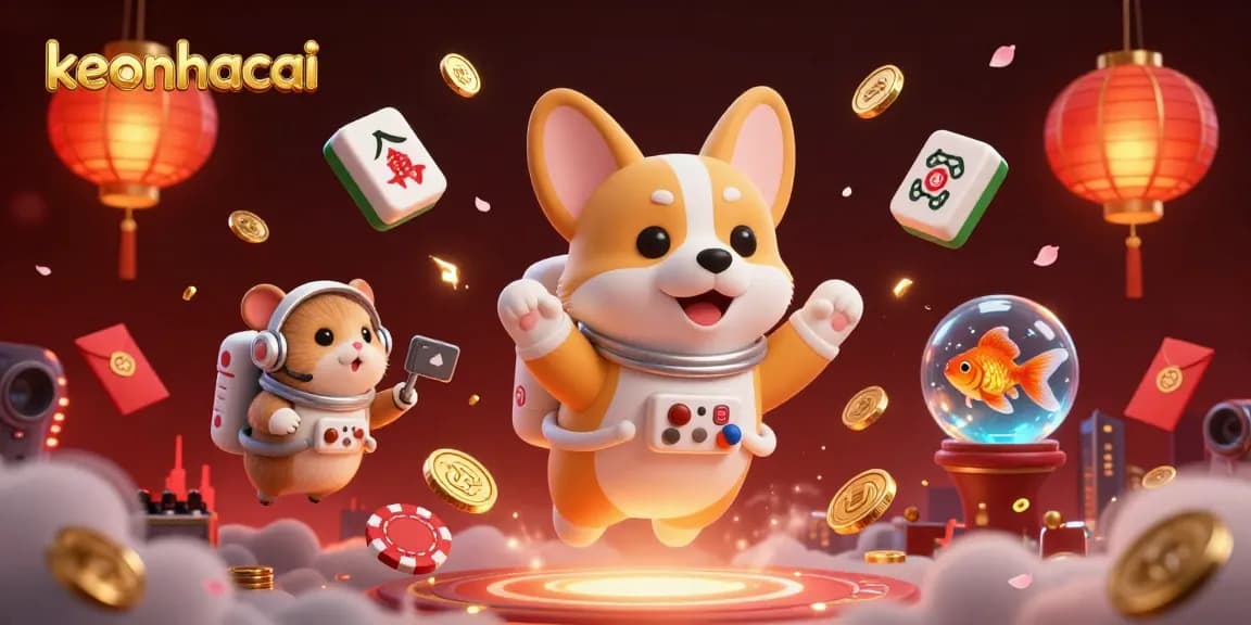 Experience the thrill of keonhacai with a vibrant 3D scene featuring a space casino, drifting chips, and unique characters.
