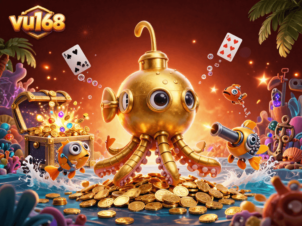 Experience thrilling gameplay at vu168, where golden treasures await amidst vibrant casino elements.