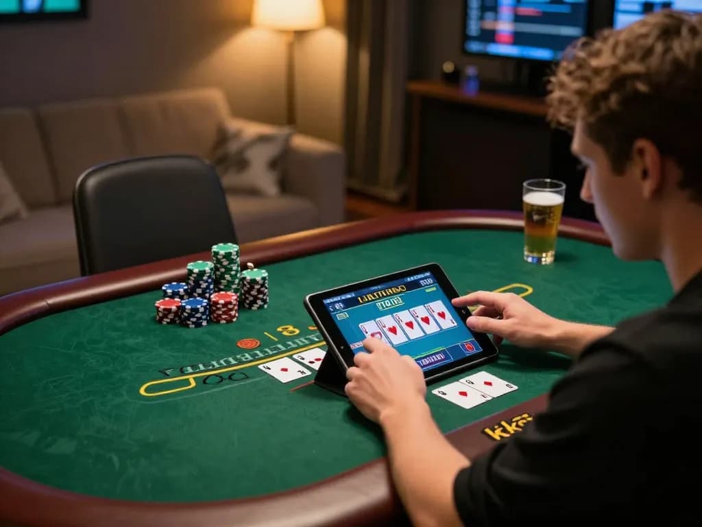 Player engaging in live dealer blackjack game on kk55 platform, showcasing dynamic tablet interface.