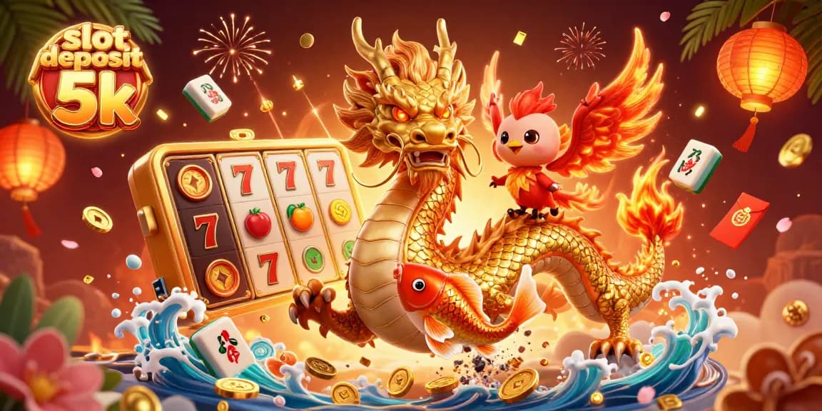 Experience the excitement of slot deposit 5k with a vibrant illustration featuring dynamic dragons, phoenixes, and lucky symbols.