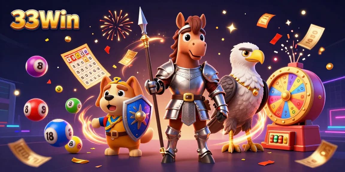 33Win lottery excitement illustrated with a knight, puppy, and falcon amidst colorful elements.