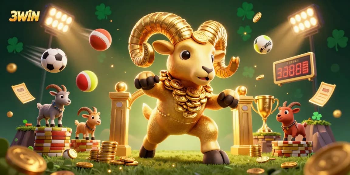 3WIN features a dynamic scene with a golden ram charging through a casino-themed illustration, surrounded by sports elements and coins.