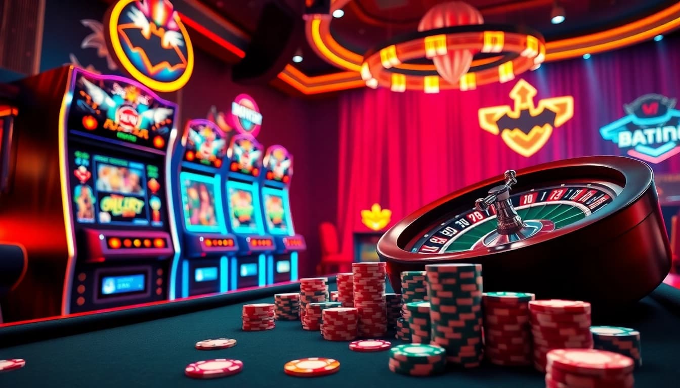batman138 offers a thrilling online casino experience featuring vibrant slot machines and poker chips.