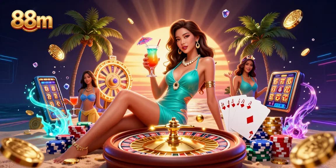 Experience the thrill of 88m with exciting casino games and dazzling prizes in this vibrant illustration