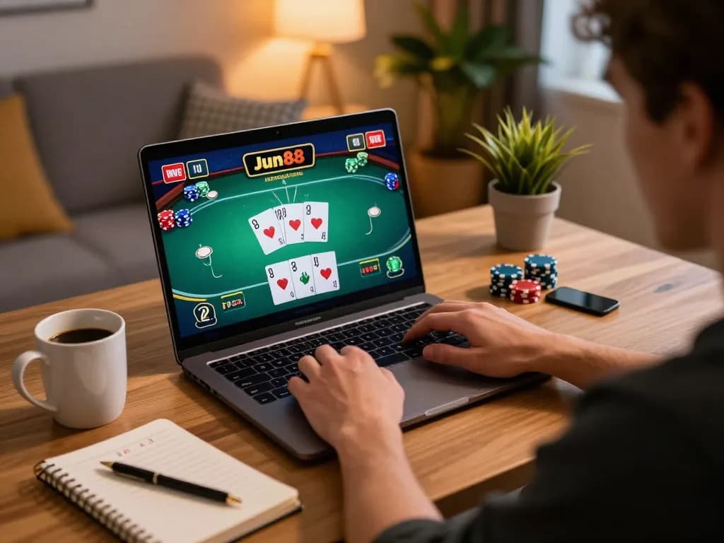 Player engaging in online Jun88 casino games with strategies visible at home setup