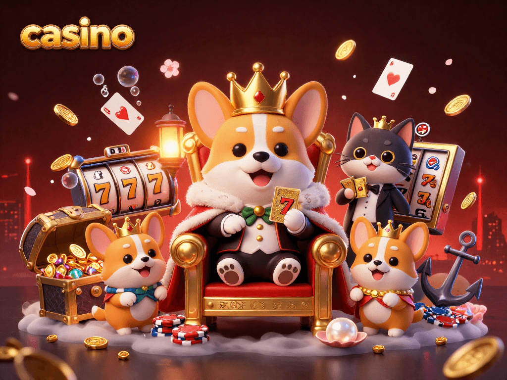Experience the thrill of the casino with vibrant slots and charming characters in this 3D illustration.
