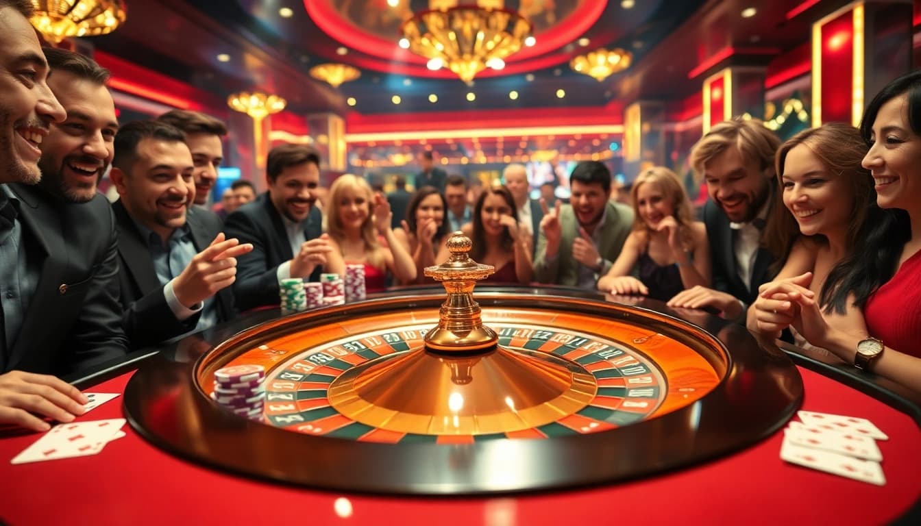 Menangkan permainan roulette di kasinobbni4d yang ramai, dengan pemain bersemangat dan chip berwarna.
