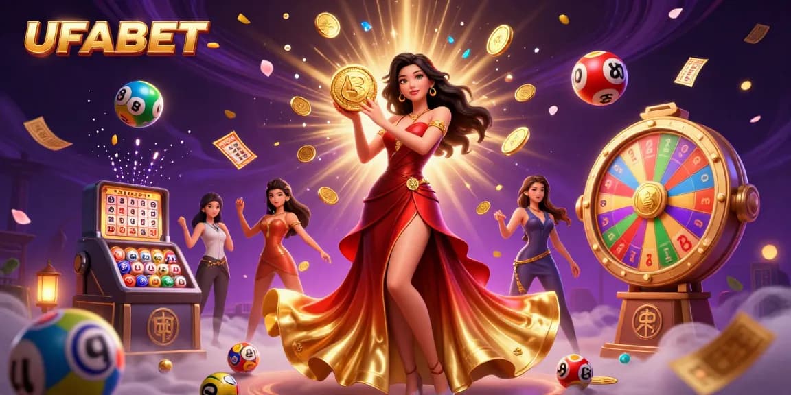 Experience the thrill of betting at UFABET with bold visuals of a beautiful woman surrounded by gaming symbols.