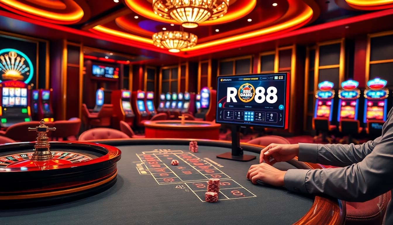RR88 online casino table featuring dynamic gameplay with roulette wheels and poker chips