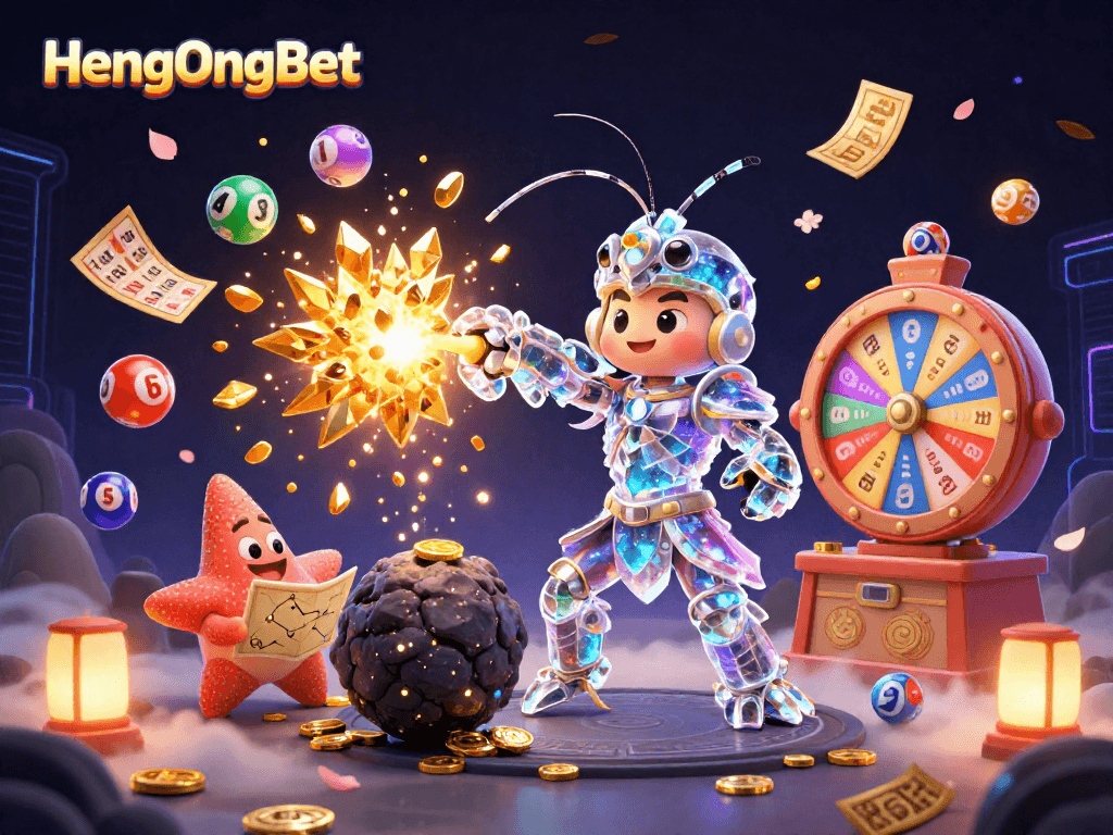Engage with HengOngBet's thrilling lottery scene featuring vibrant elements and dynamic action.