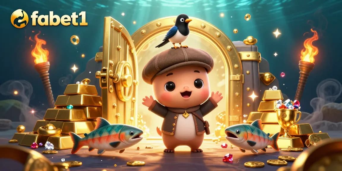 Experience the fabet1 excitement with playful characters and gold treasures in this captivating scene.