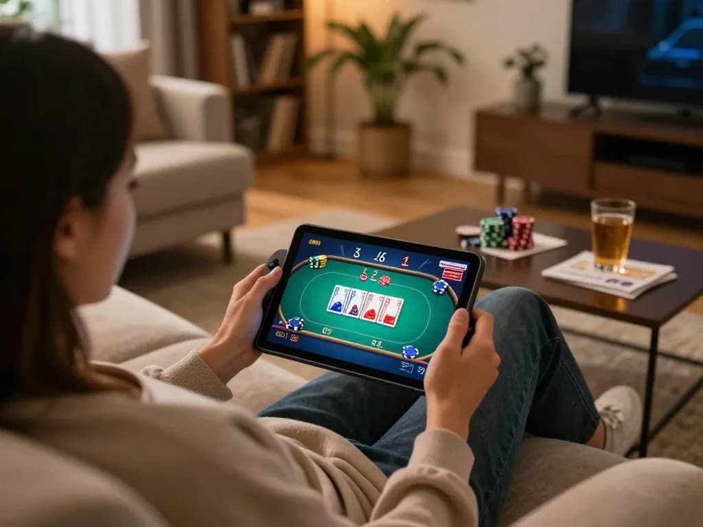 Engaging in PGSLOT IN gaming on a tablet in a cozy home setting while analyzing strategies.