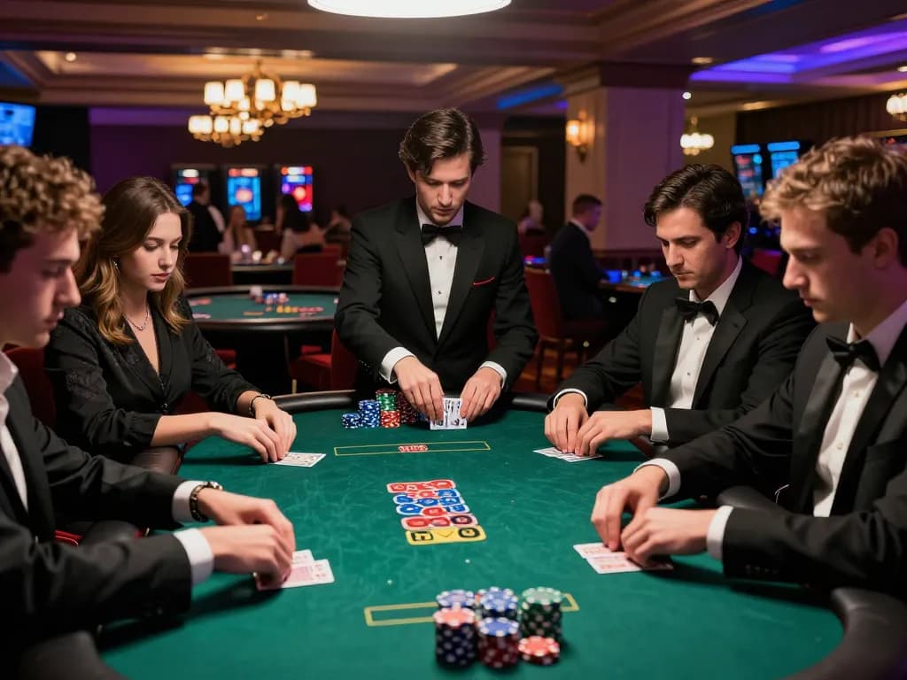Players engaging in an intense poker game at the tg88 casino, chips and cards prominently displayed.